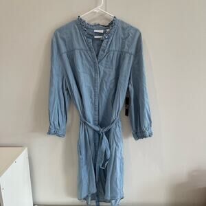 NWT NY & Company Women’s XL Chambray Shirt Dress Tie Waist Ruffle Neck
